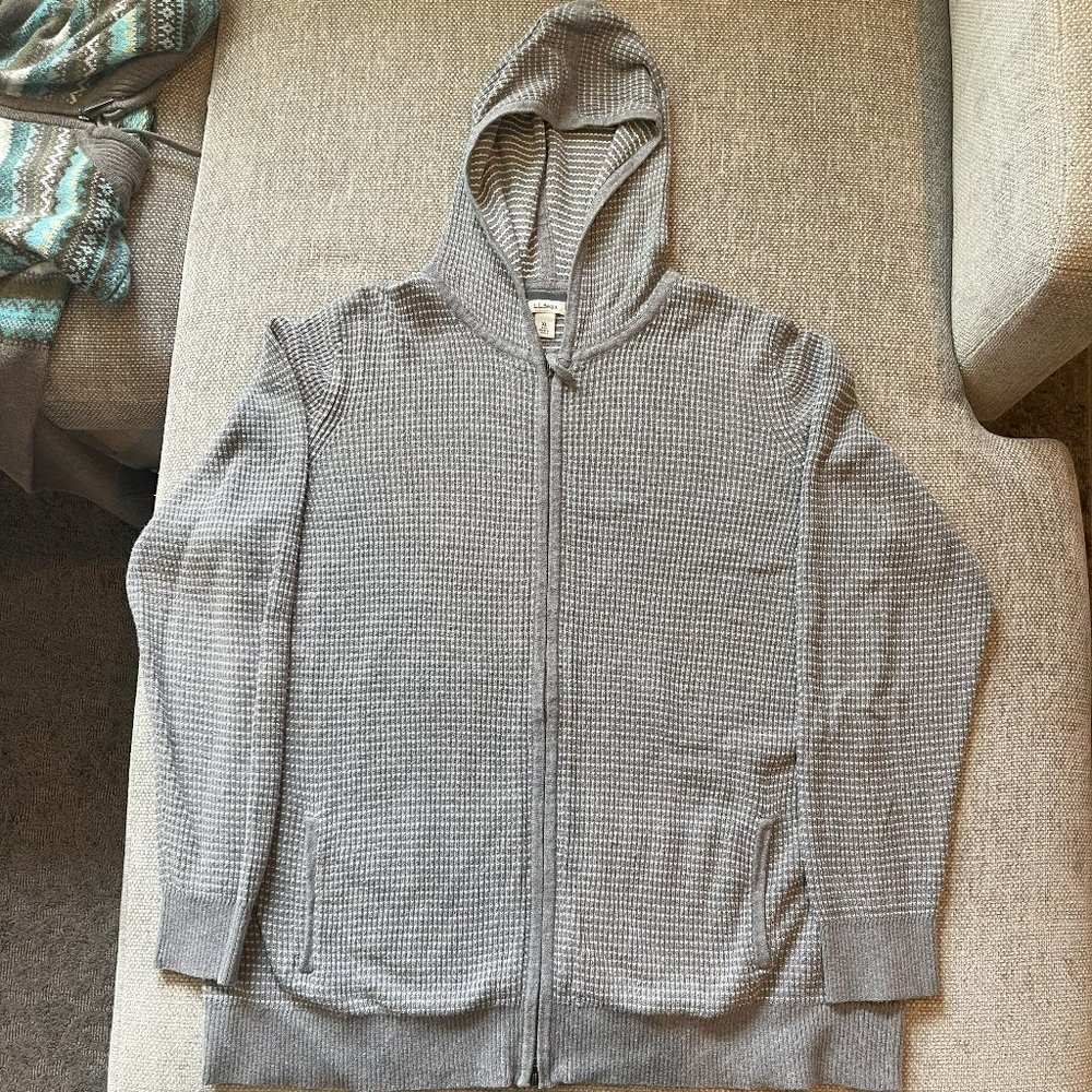 L.L. Bean Gray & White Striped Full Zip Hooded Sweater Women's Size XL